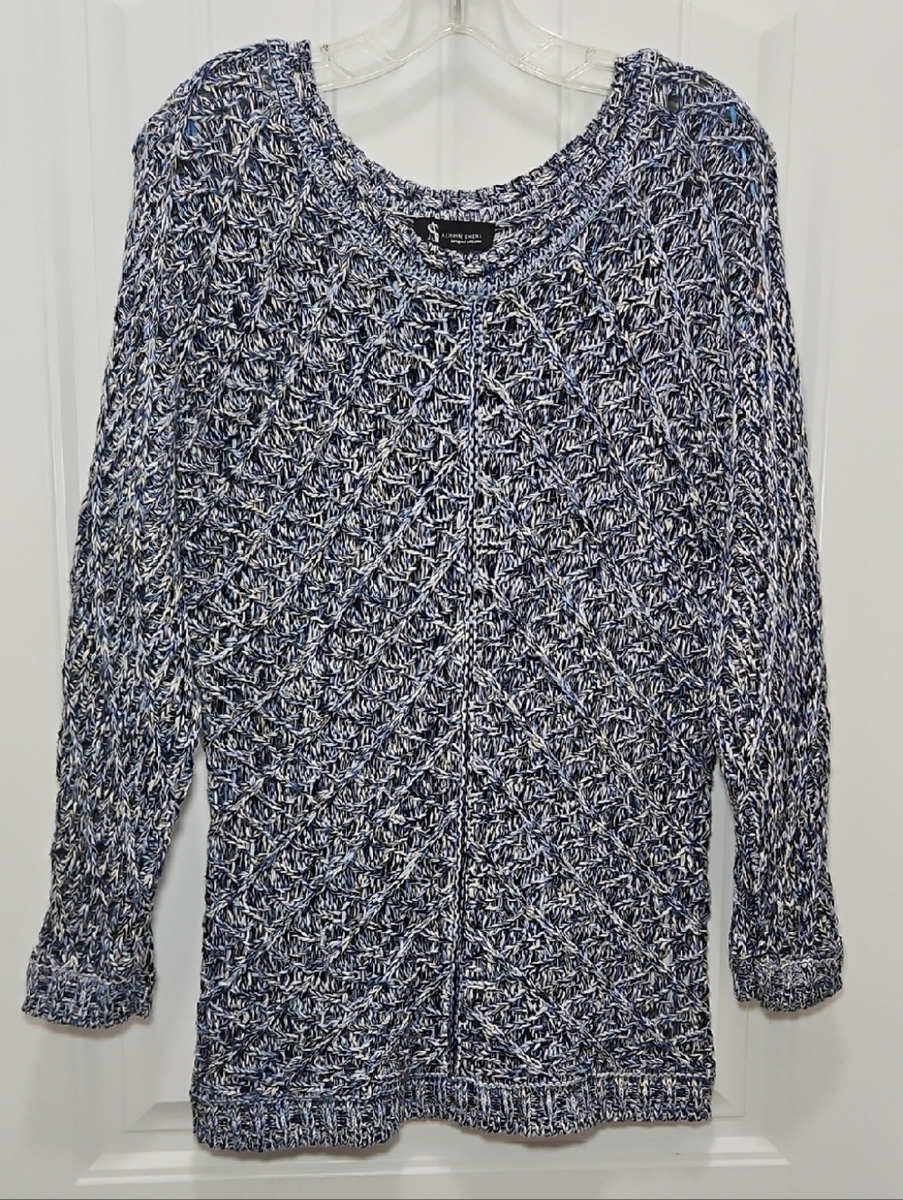 Alison Sheri Navy & White Open Marled Knit Sweater New